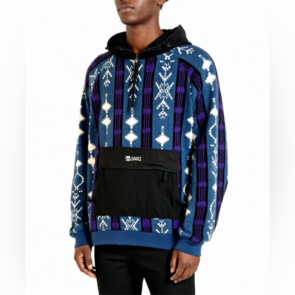 Gnarly Mens XL Aztec Fleece Anorak Hoodie Pullover Blue Purple